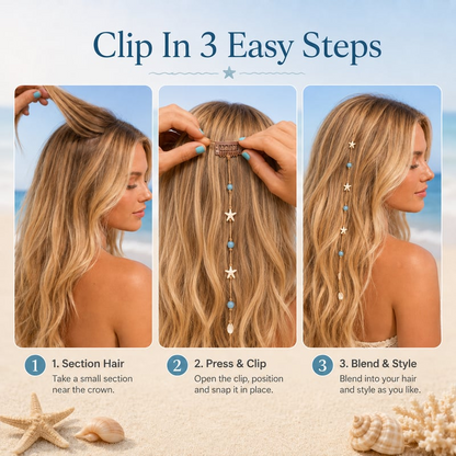 Mermaid Beach Hidden Clip Hair Accent – Ocean Starfish Shell Hair Strand For Summer Vacation