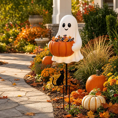 Solar Ghost Pumpkin Candy Bucket Stake Halloween Garden Decor