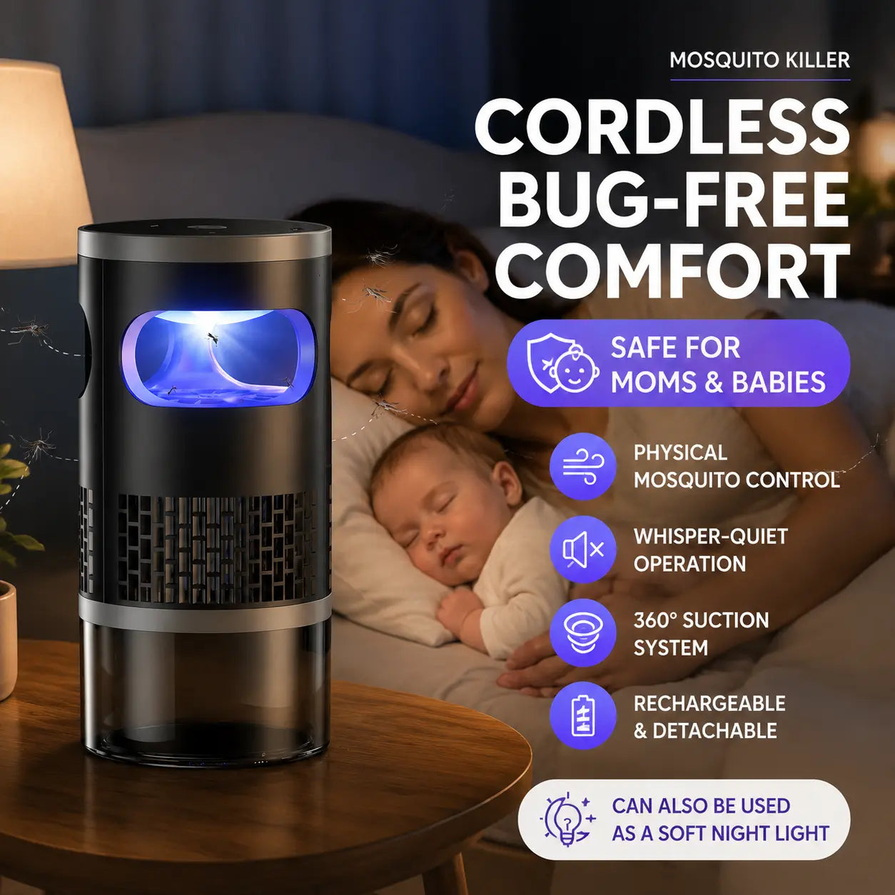 Indoor Insect Trap with Light and Suction Non Zapper Flying Bug Catcher for Mosquitoes Fruit Flies Gnats and Moths Includes One 18650 Rechargeable Lithium Battery