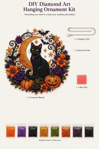 🔥Halloween Early Bird Sale🎃Halloween Black Cat Moon Diamond Art Hanging Ornament Kit