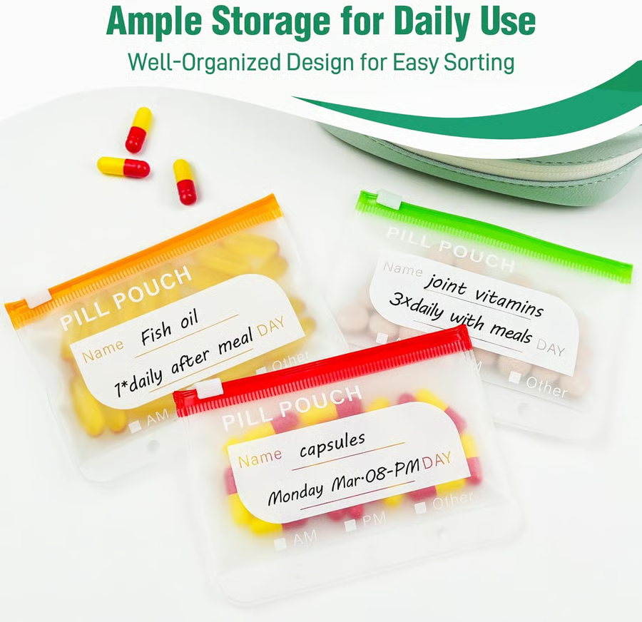 Waterproof Pill Organizer Pouch Set –7 Removable, Colour-Coded Bags, Easy To Label & Refill