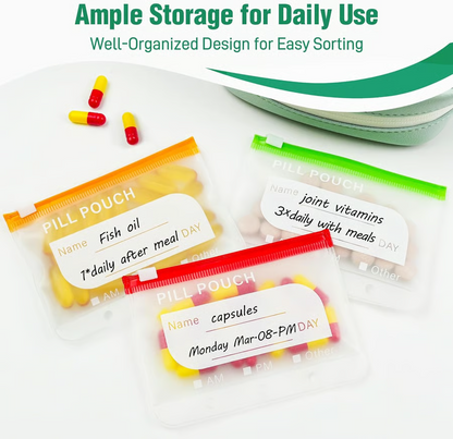 Waterproof Pill Organizer Pouch Set –7 Removable, Colour-Coded Bags, Easy To Label & Refill