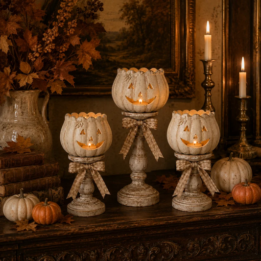 🔥Halloween Early Bird Sale🎃Harvest Glow White Pumpkin Pedestal Tealight Holders - Set of 3
