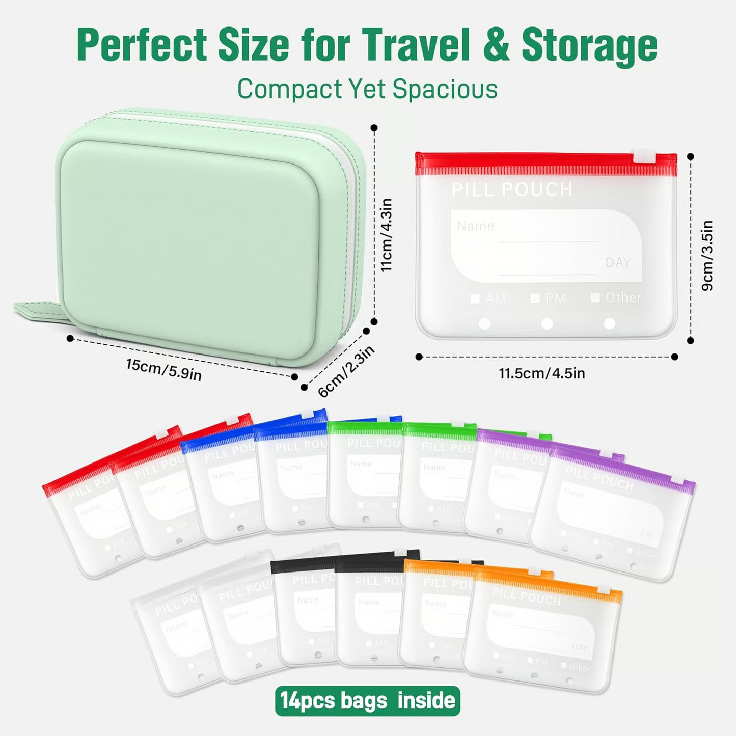 Waterproof Pill Organizer Pouch Set –7 Removable, Colour-Coded Bags, Easy To Label & Refill