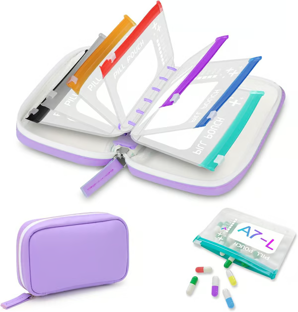 Waterproof Pill Organizer Pouch Set –7 Removable, Colour-Coded Bags, Easy To Label & Refill