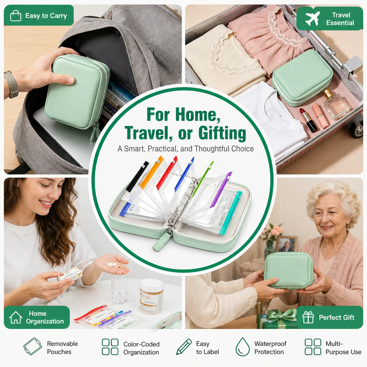 Waterproof Pill Organizer Pouch Set –7 Removable, Colour-Coded Bags, Easy To Label & Refill