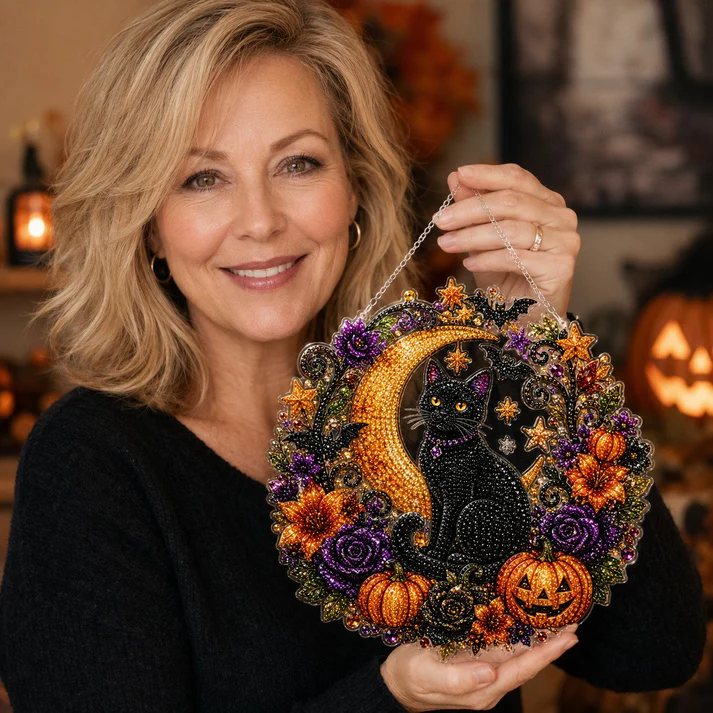 🔥Halloween Early Bird Sale🎃Halloween Black Cat Moon Diamond Art Hanging Ornament Kit