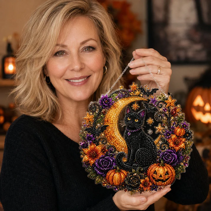 🔥Halloween Early Bird Sale🎃Halloween Black Cat Moon Diamond Art Hanging Ornament Kit