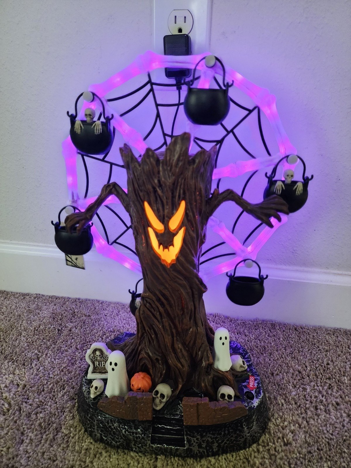 🔥HOT SALE🔥Rotating Halloween Ghost Tree Ferris Wheel Table Decor, LED Light Up Skeleton Spider Web Spooky Figurine with Sound