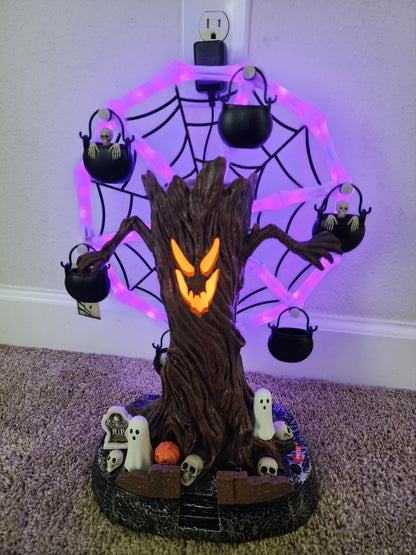 🔥HOT SALE🔥Rotating Halloween Ghost Tree Ferris Wheel Table Decor, LED Light Up Skeleton Spider Web Spooky Figurine with Sound
