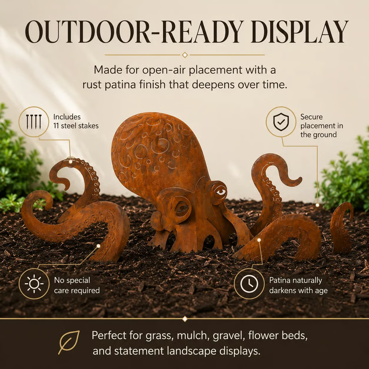 Rust Patina Giant Squid Garden Sculpture