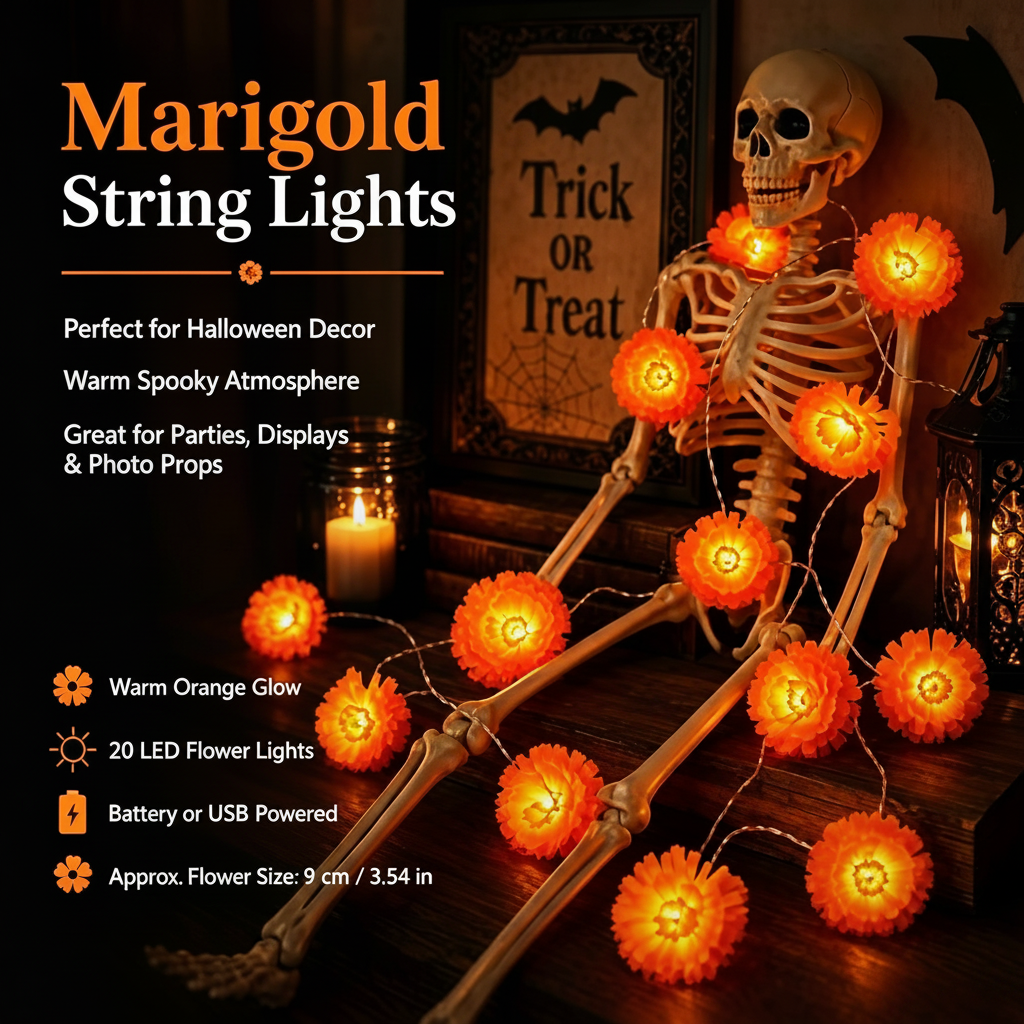 Artificial Marigold Flower Led String Light – Perfect For Day Of The Dead & Halloween