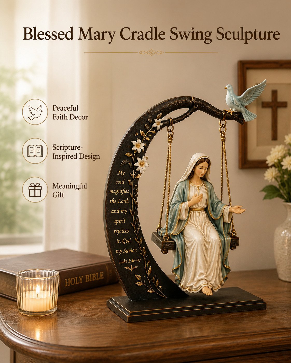 🔥 Buy 2 Get 1 Free ✝️ Blessed Mary Cradle Swing Sculpture – Luke 1:46-47 Christian Faith Table Decor