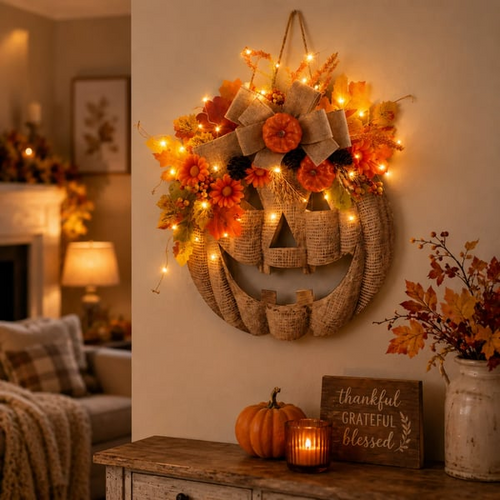 🔥Halloween Early Bird Sale🎃Lighted Burlap Pumpkin Wreath