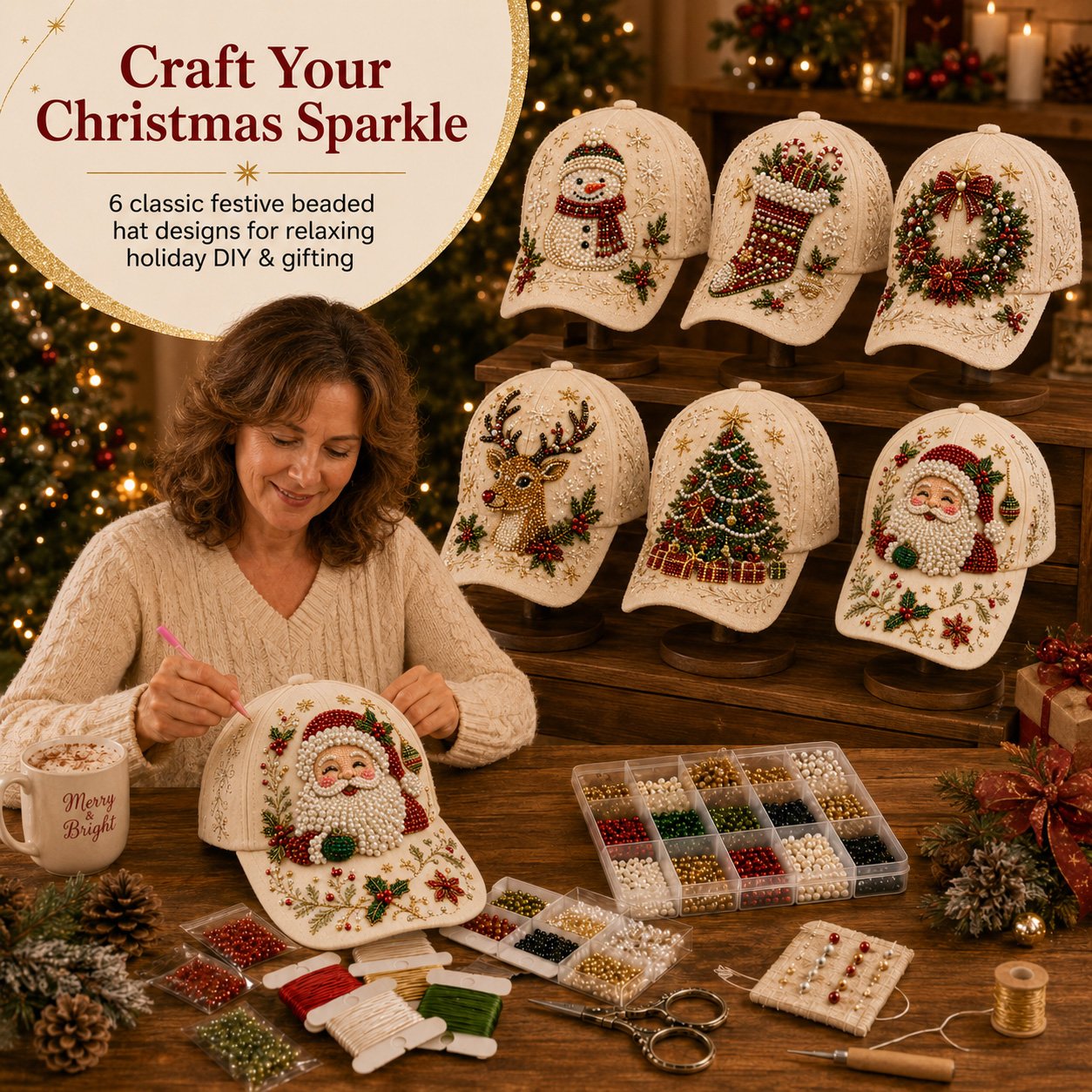 🎄🧢 Premium Christmas Beaded Hat DIY Kit | Luxury Flocked Canvas with Scratch-Resistant Non-Fading Pearl Beads DIY Handmade Holiday Cap Decor 🎅🪡✨
