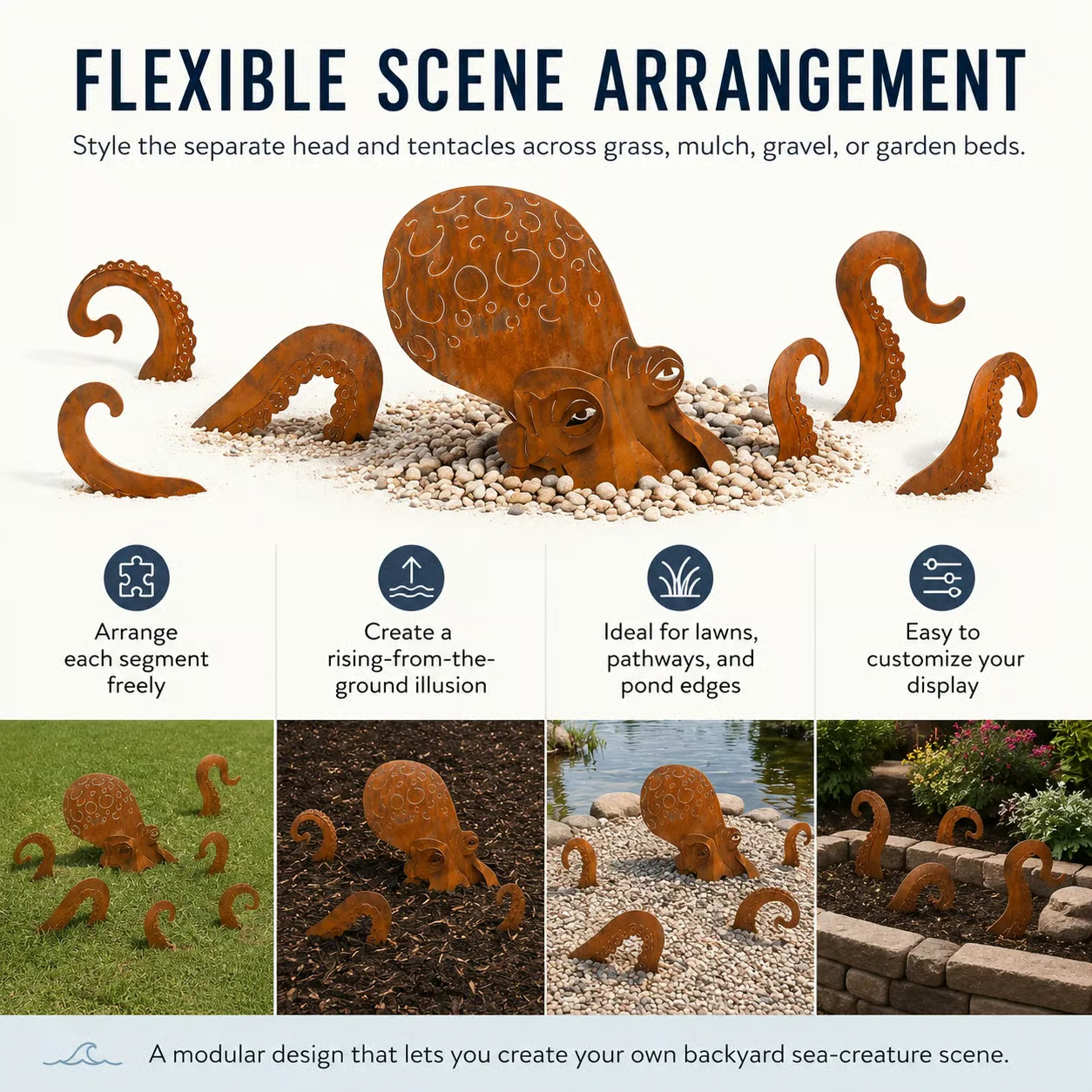 Rust Patina Giant Squid Garden Sculpture