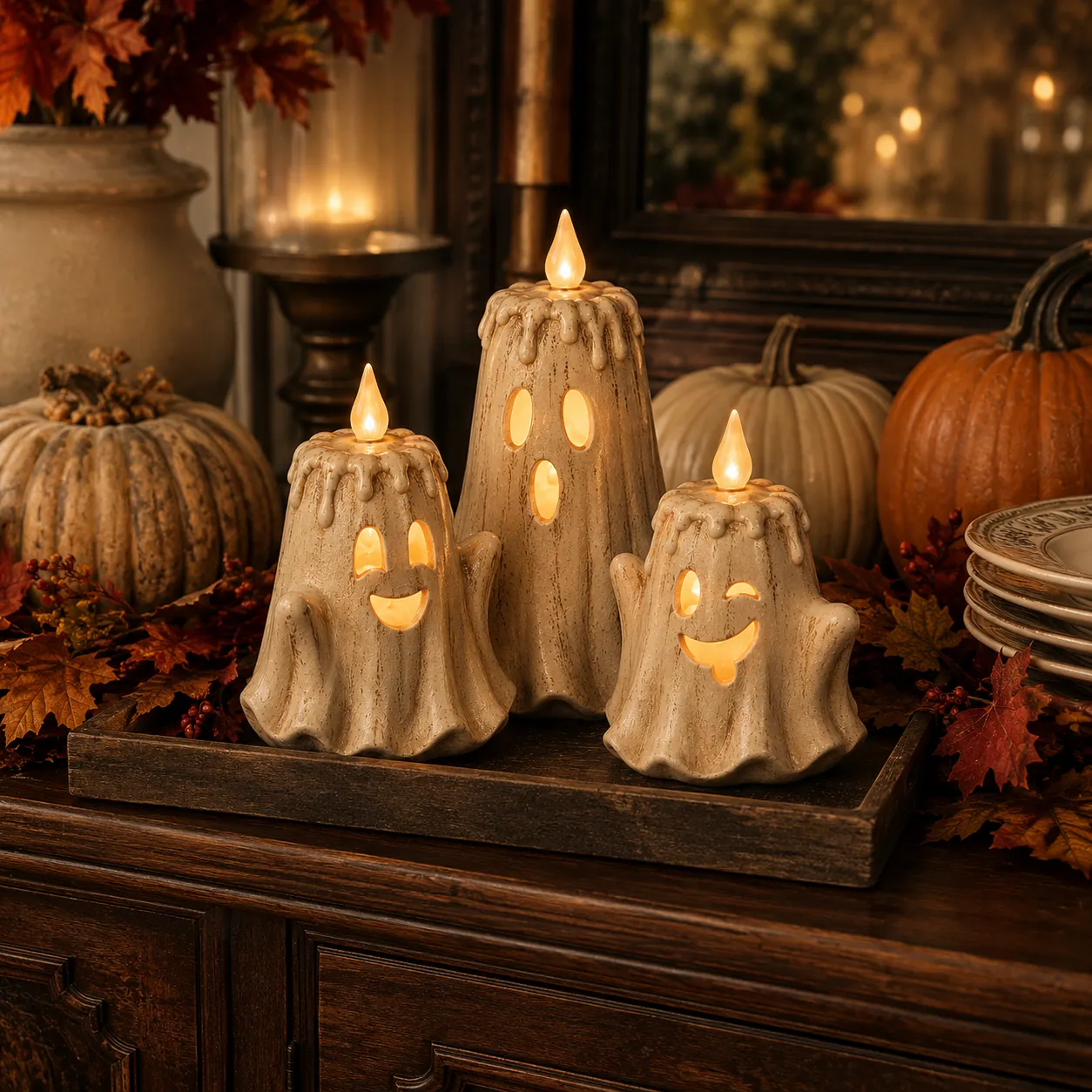 🔥Halloween Early Bird Sale🎃3-Piece Halloween Ghost Flameless Candle Set withRemote Timer