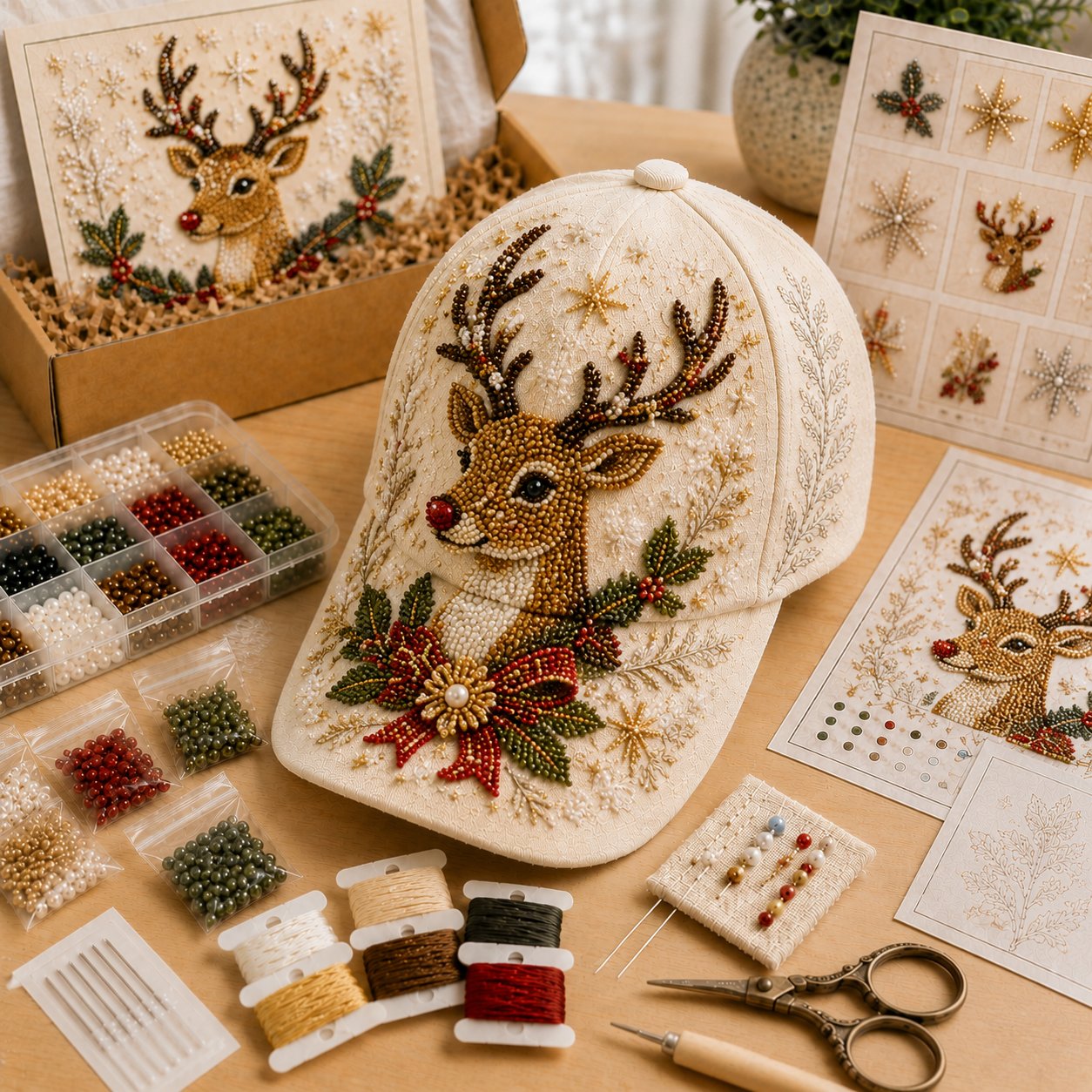 🎄🧢 Premium Christmas Beaded Hat DIY Kit | Luxury Flocked Canvas with Scratch-Resistant Non-Fading Pearl Beads DIY Handmade Holiday Cap Decor 🎅🪡✨