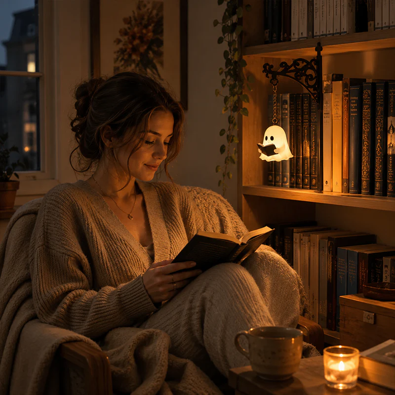 Cozy Reading Ghost Bookshelf Lamp