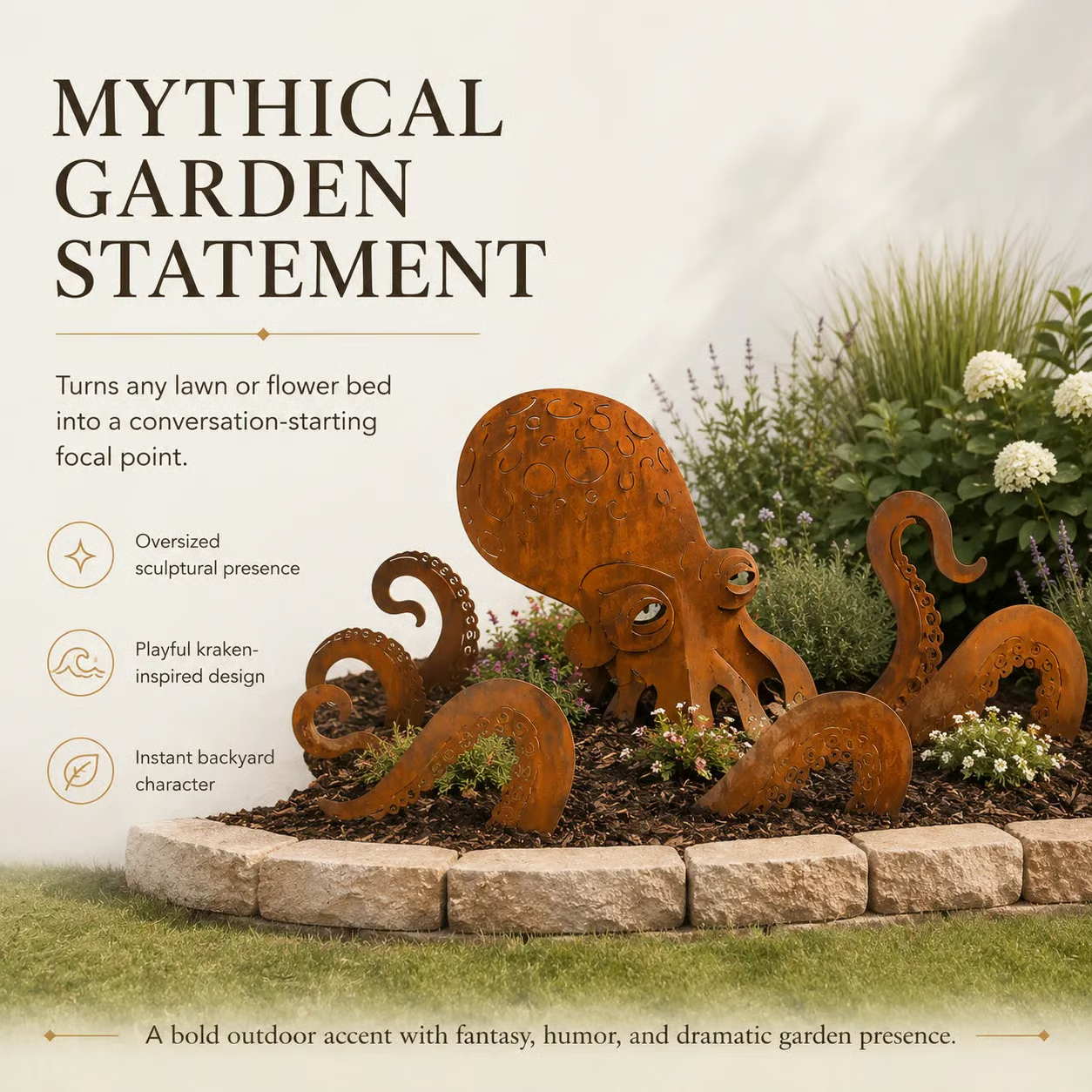 Rust Patina Giant Squid Garden Sculpture