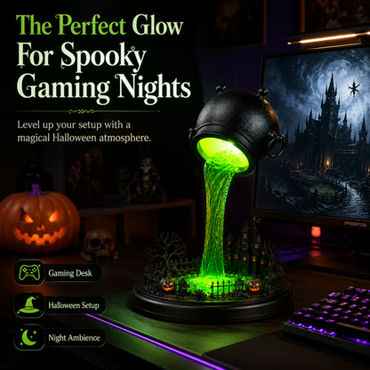 Glowing Witch Cauldron Desk Lamp | Spilling Green Magic Light With Haunted Castle, Pumpkins & Gothic Halloween Vibes