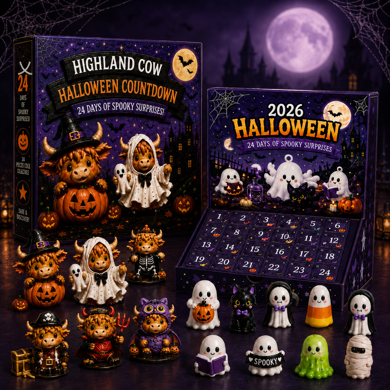 🔥 50% OFF | 24-Day Halloween Countdown Calendar 🎃 Highland Cow & Cute Ghost Editions 👻