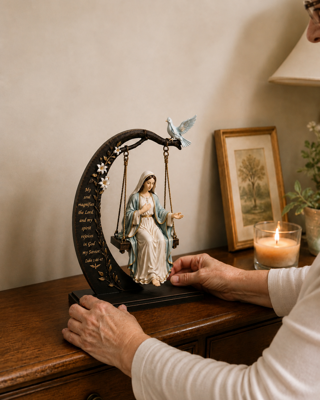 🔥 Buy 2 Get 1 Free ✝️ Blessed Mary Cradle Swing Sculpture – Luke 1:46-47 Christian Faith Table Decor