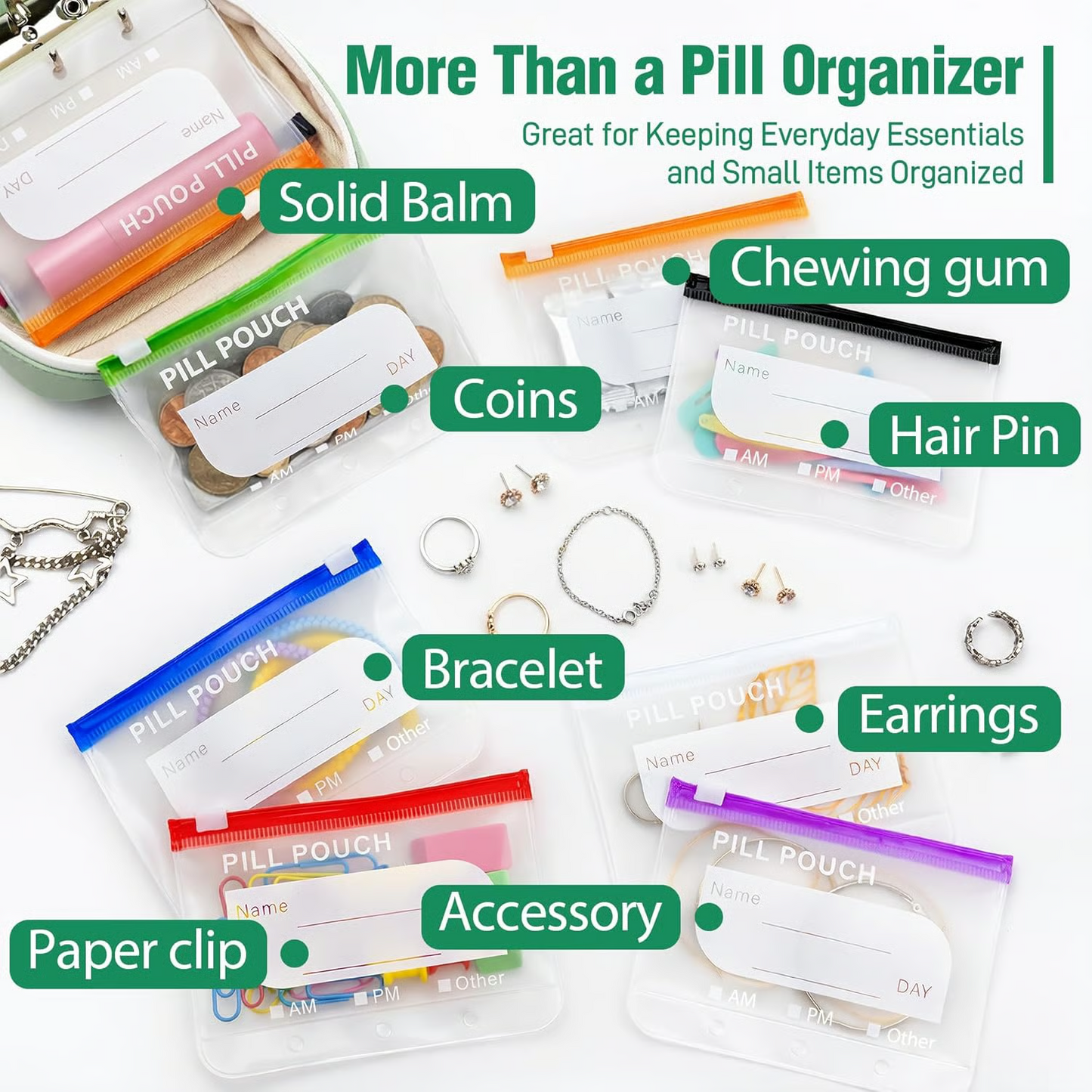 Waterproof Pill Organizer Pouch Set –7 Removable, Colour-Coded Bags, Easy To Label & Refill