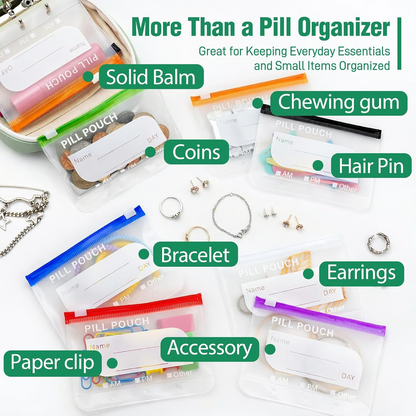 Waterproof Pill Organizer Pouch Set –7 Removable, Colour-Coded Bags, Easy To Label & Refill