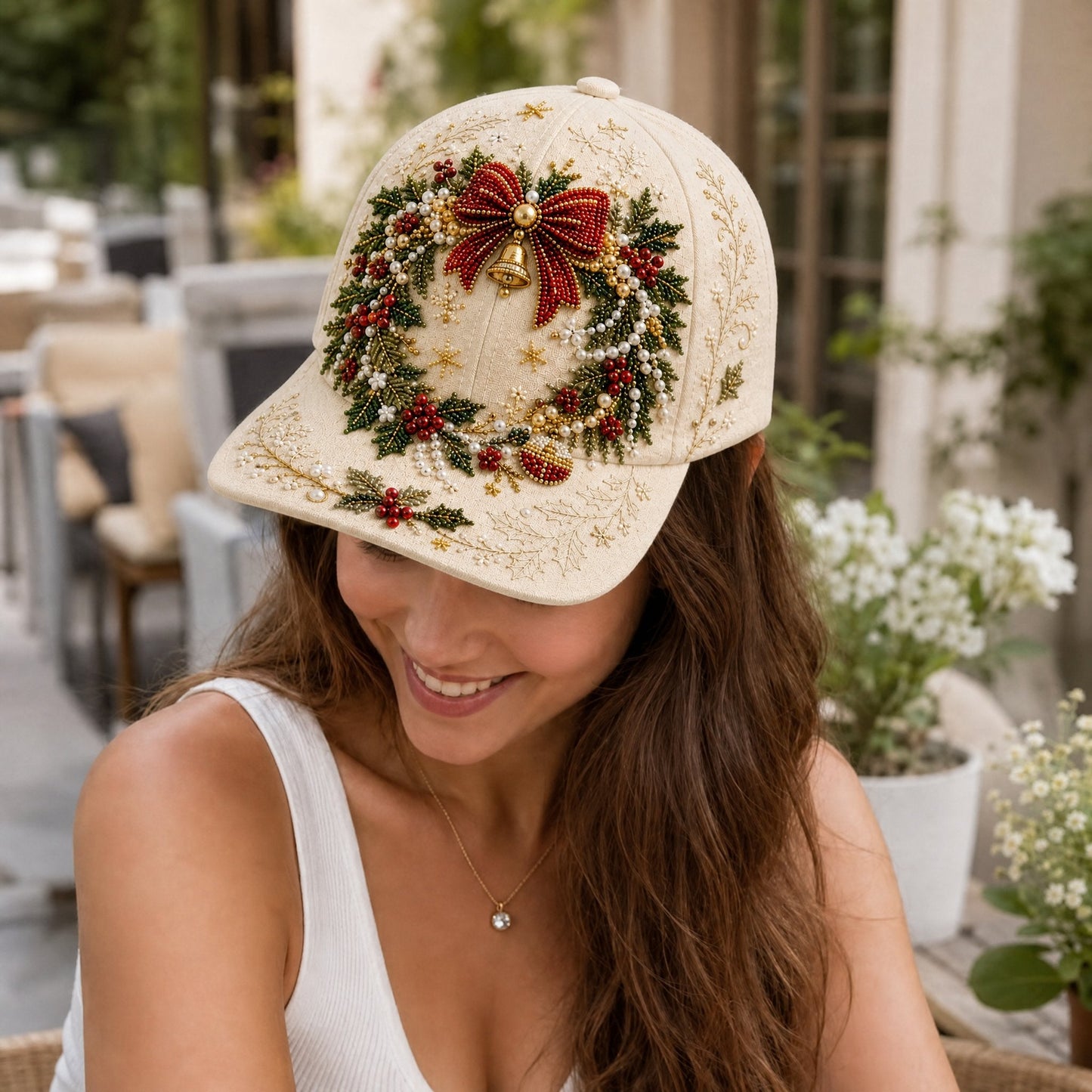🎄🧢 Premium Christmas Beaded Hat DIY Kit | Luxury Flocked Canvas with Scratch-Resistant Non-Fading Pearl Beads DIY Handmade Holiday Cap Decor 🎅🪡✨