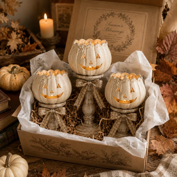 🔥Halloween Early Bird Sale🎃Harvest Glow White Pumpkin Pedestal Tealight Holders - Set of 3