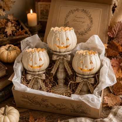 🔥Halloween Early Bird Sale🎃Harvest Glow White Pumpkin Pedestal Tealight Holders - Set of 3