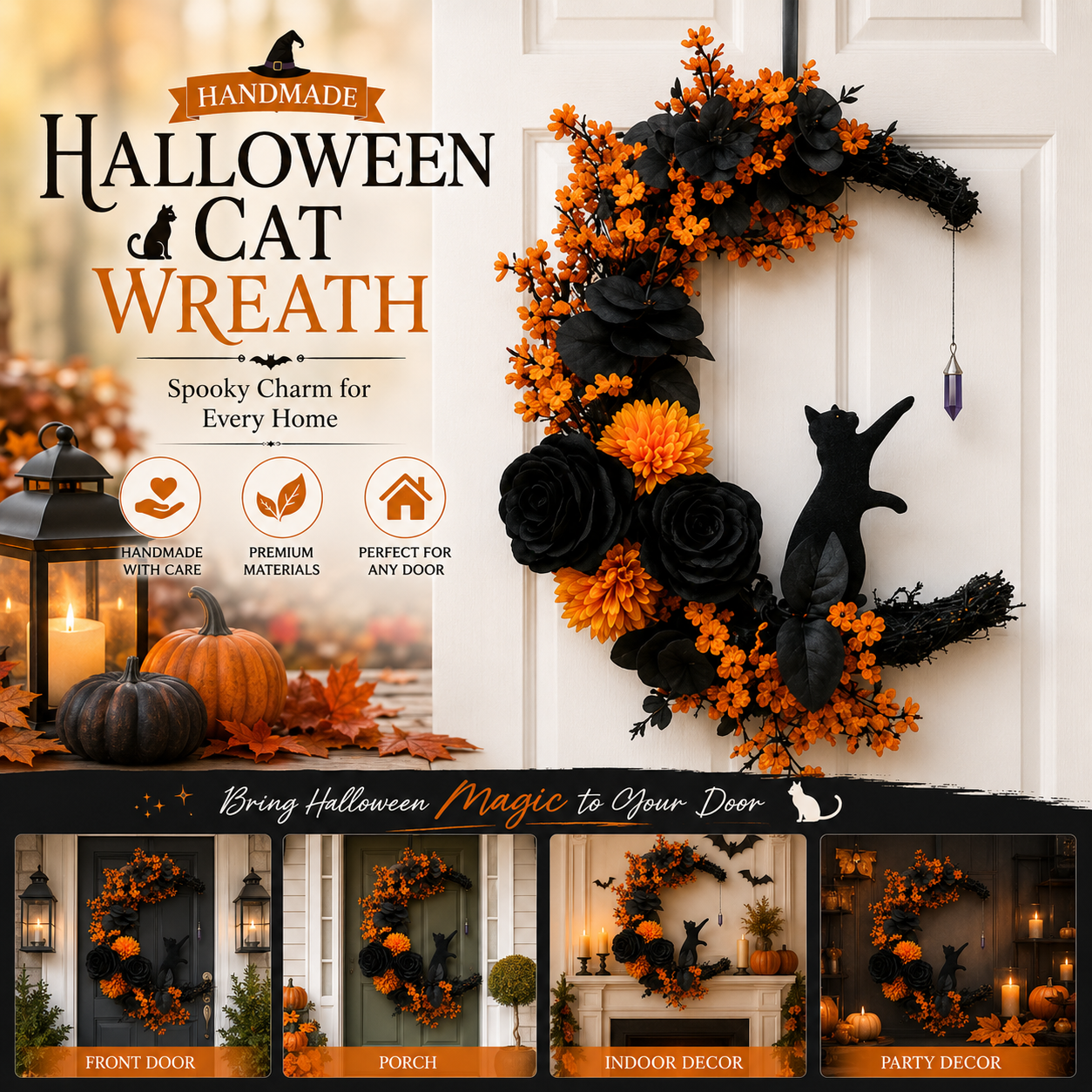 Handmade Halloween Cat Wreath