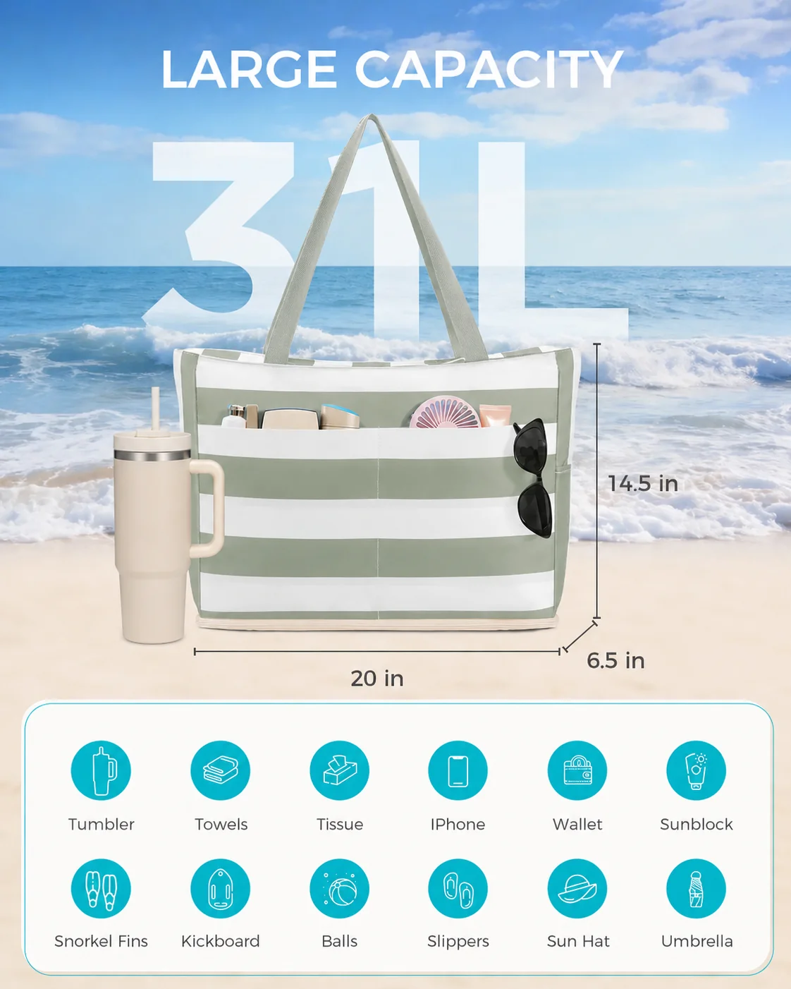 Large Mesh Beach Bag With40oz Tumbler Pocket AndZipper Closure