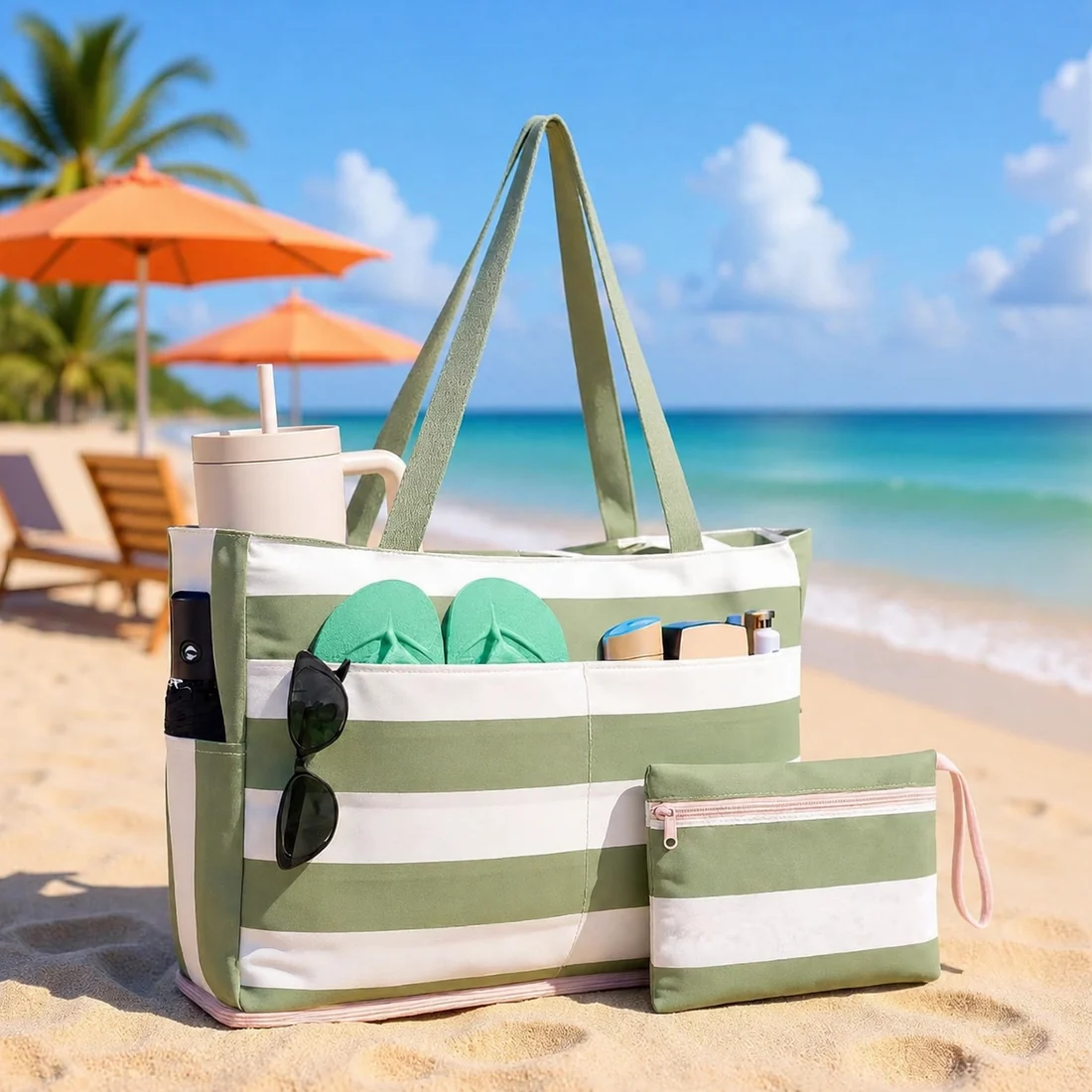 Large Mesh Beach Bag With40oz Tumbler Pocket AndZipper Closure