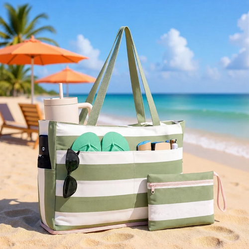 Large Mesh Beach Bag With40oz Tumbler Pocket AndZipper Closure