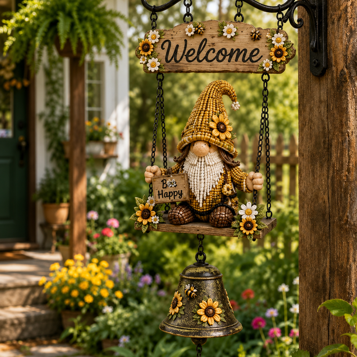 Rustic Garden Gnome Bell Outdoor Decor