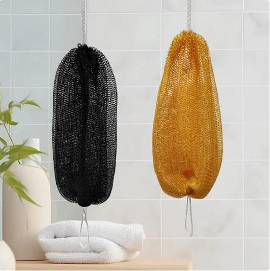 Multi-colored, Extra-long, Stretchy Bath Mesh – Exfoliating Back-Scrubbing Towel with Dual Hanging Loops