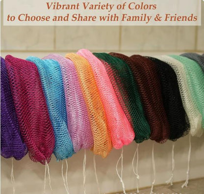 Multi-colored, Extra-long, Stretchy Bath Mesh – Exfoliating Back-Scrubbing Towel with Dual Hanging Loops