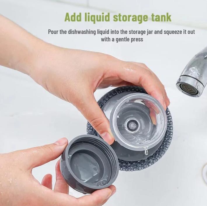 Multi-purpose Kitchen Pot Cleaning Brush with Storage Soap Bottle, Reusable Replaceable Steel Wire & PET Scrub Balls
