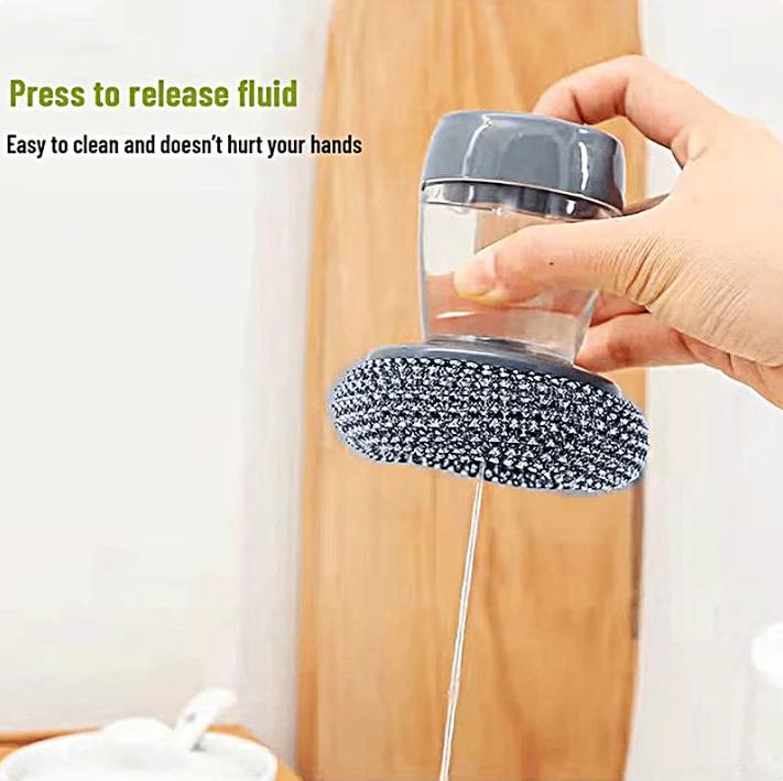 Multi-purpose Kitchen Pot Cleaning Brush with Storage Soap Bottle, Reusable Replaceable Steel Wire & PET Scrub Balls