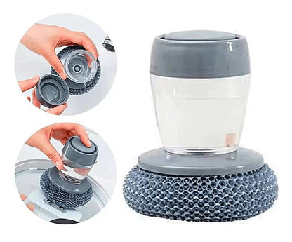 Multi-purpose Kitchen Pot Cleaning Brush with Storage Soap Bottle, Reusable Replaceable Steel Wire & PET Scrub Balls