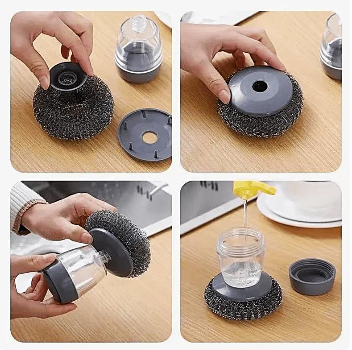 Multi-purpose Kitchen Pot Cleaning Brush with Storage Soap Bottle, Reusable Replaceable Steel Wire & PET Scrub Balls