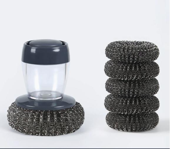 Multi-purpose Kitchen Pot Cleaning Brush with Storage Soap Bottle, Reusable Replaceable Steel Wire & PET Scrub Balls