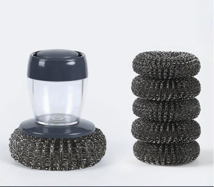 Multi-purpose Kitchen Pot Cleaning Brush with Storage Soap Bottle, Reusable Replaceable Steel Wire & PET Scrub Balls