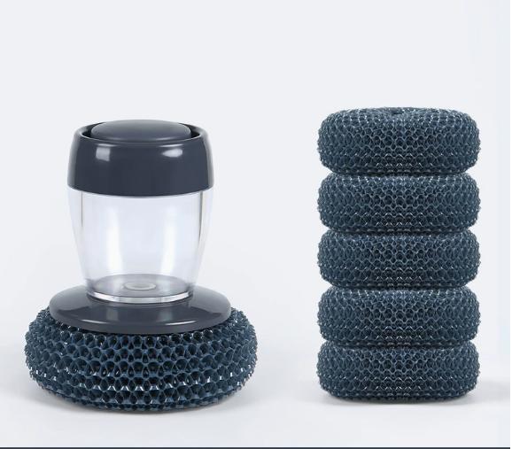 Multi-purpose Kitchen Pot Cleaning Brush with Storage Soap Bottle, Reusable Replaceable Steel Wire & PET Scrub Balls