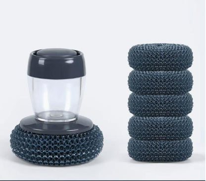 Multi-purpose Kitchen Pot Cleaning Brush with Storage Soap Bottle, Reusable Replaceable Steel Wire & PET Scrub Balls