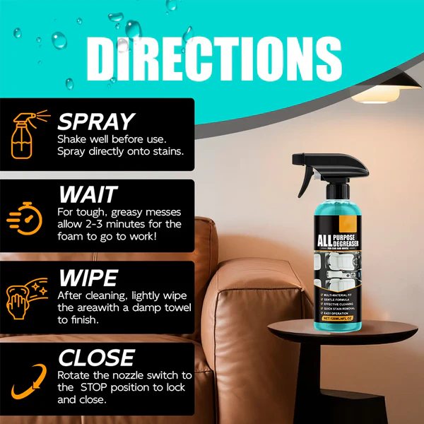 All-Purpose Degreaser Cleaner, Heavy-Duty Stain Remover Spray for Car Interior & Home, Lemon Scent 120ml Kit
