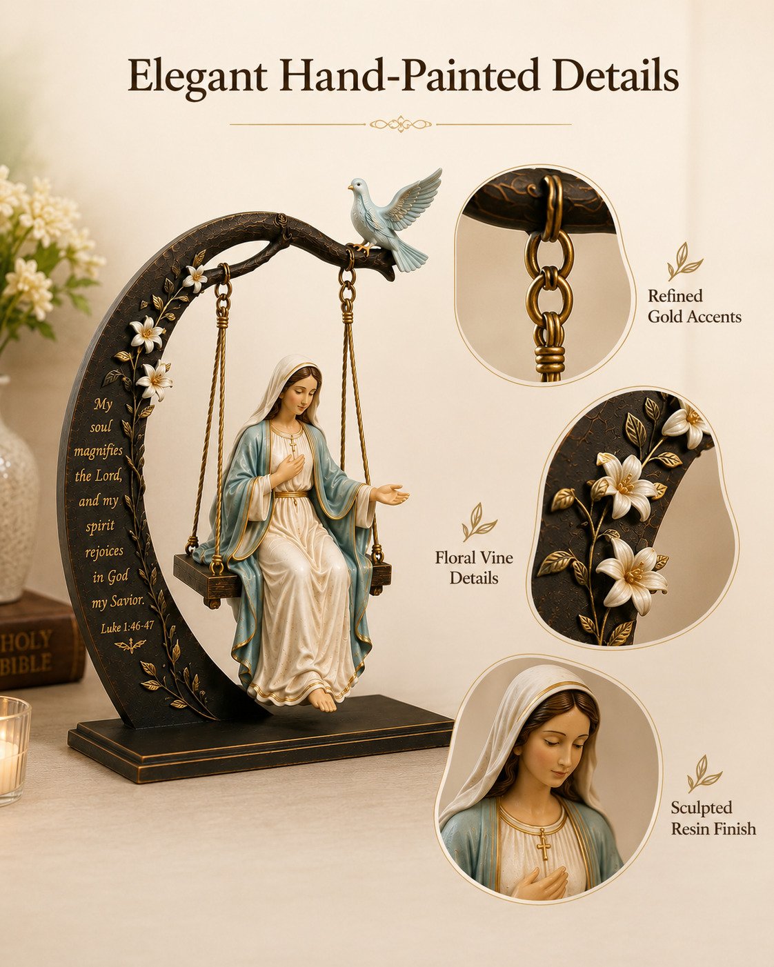 🔥 Buy 2 Get 1 Free ✝️ Blessed Mary Cradle Swing Sculpture – Luke 1:46-47 Christian Faith Table Decor