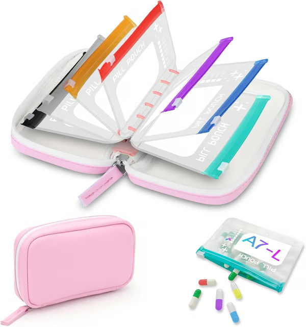 Waterproof Pill Organizer Pouch Set –7 Removable, Colour-Coded Bags, Easy To Label & Refill